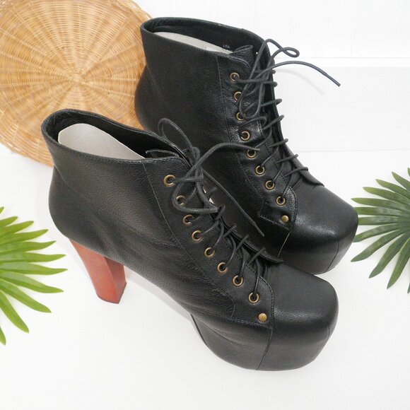 Jeffrey Campbell LITA Platform Heeled Lace-Up Bootie Black Wood Heels 11M Drag - Picture 12 of 15